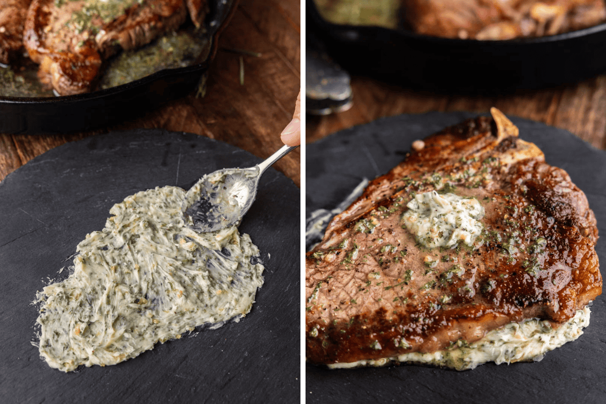 A collage image showing resting butter being spread on a plate and then a steak sitting on top of it.