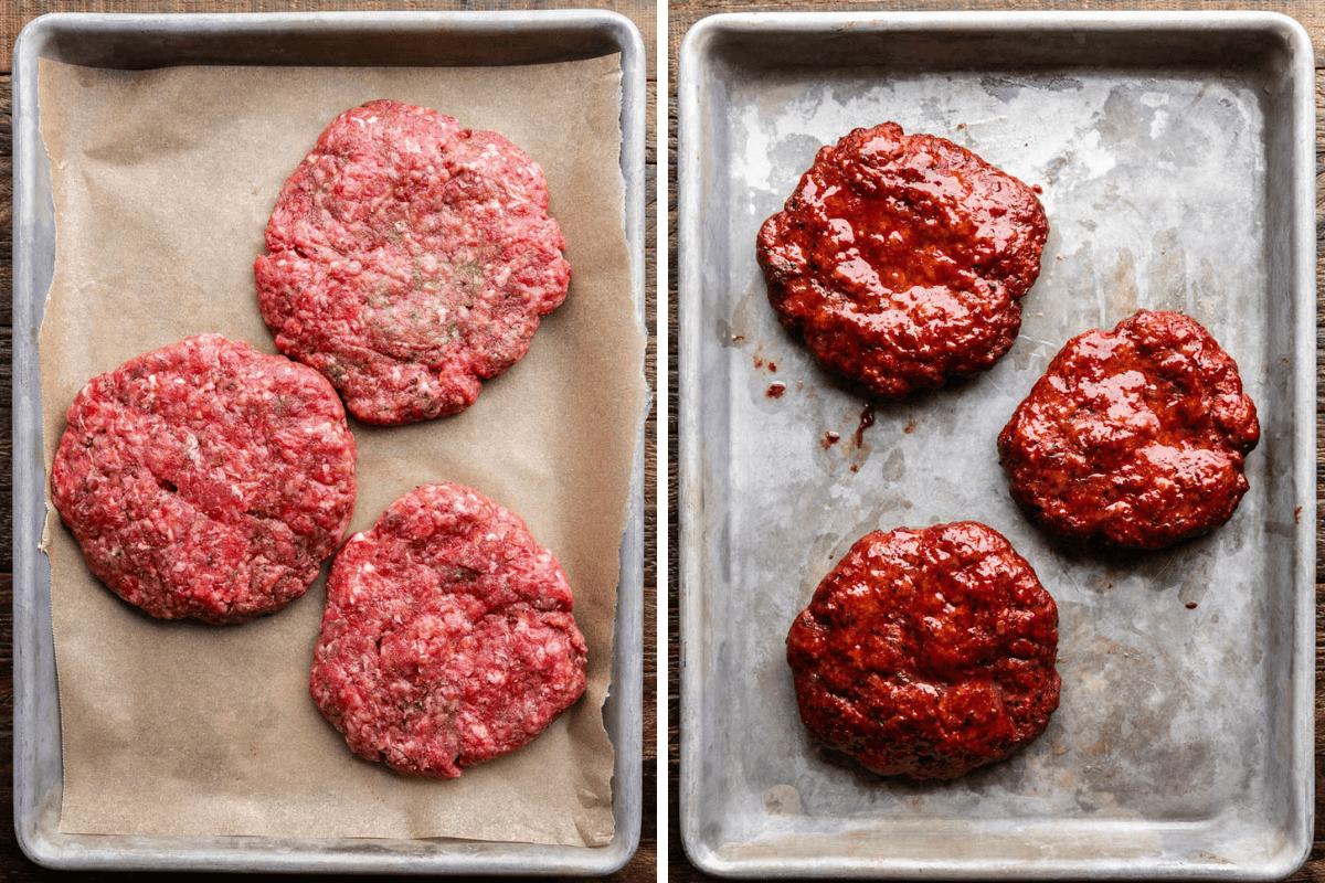 An overhead view of smoked burger patties before and after cooking.