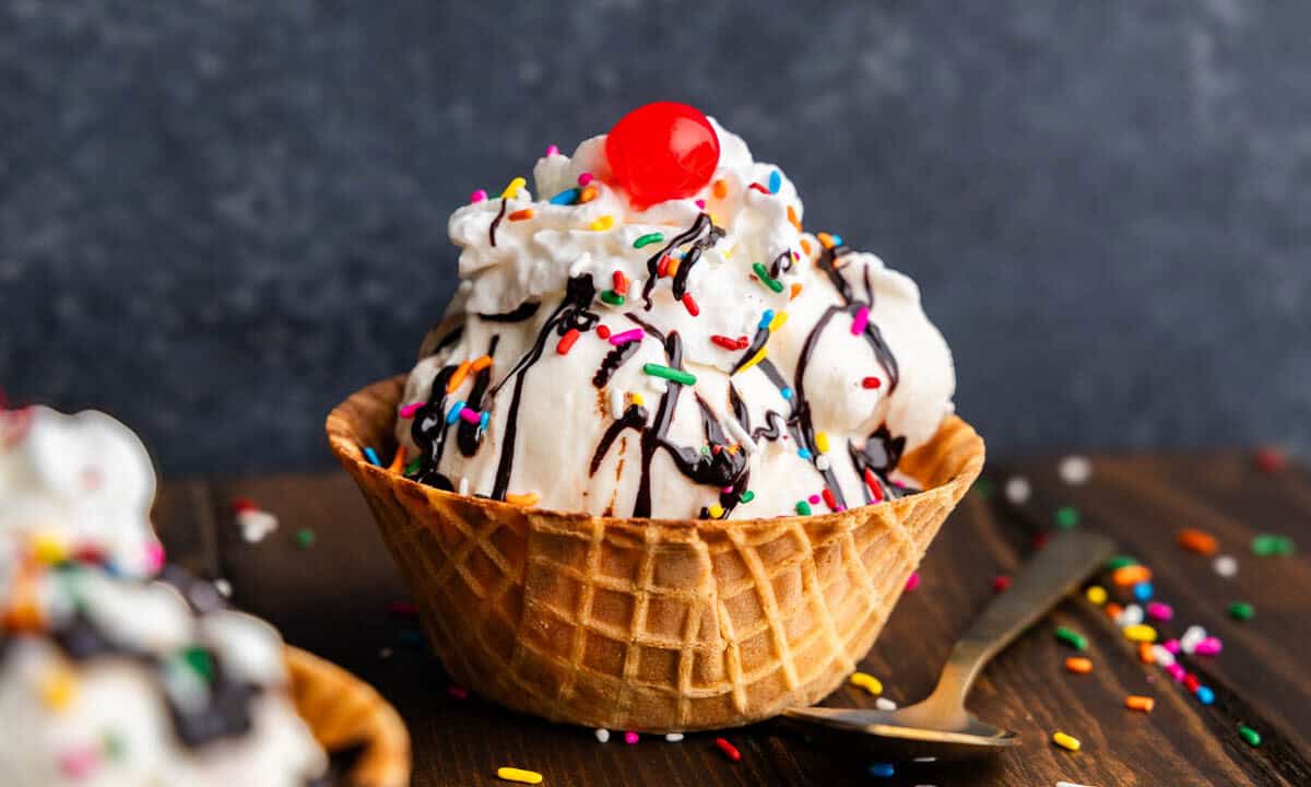 5 minute ice cream in a waffle cone with toppings.