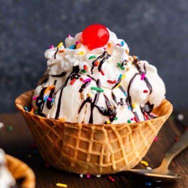 5 minute ice cream in a waffle cone with toppings.