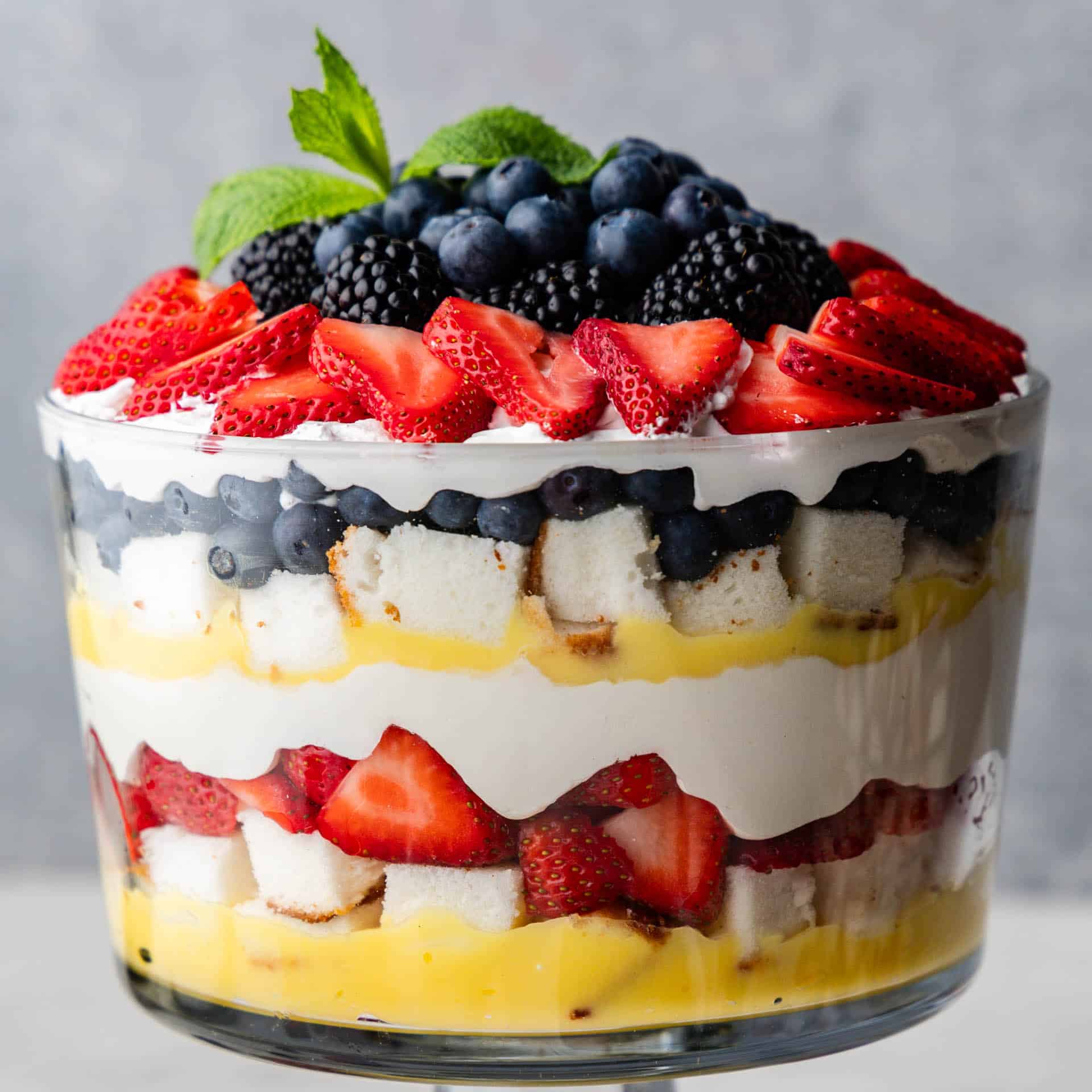 A view of the creamy berry trifle with its colorful layers of fruit and cream.