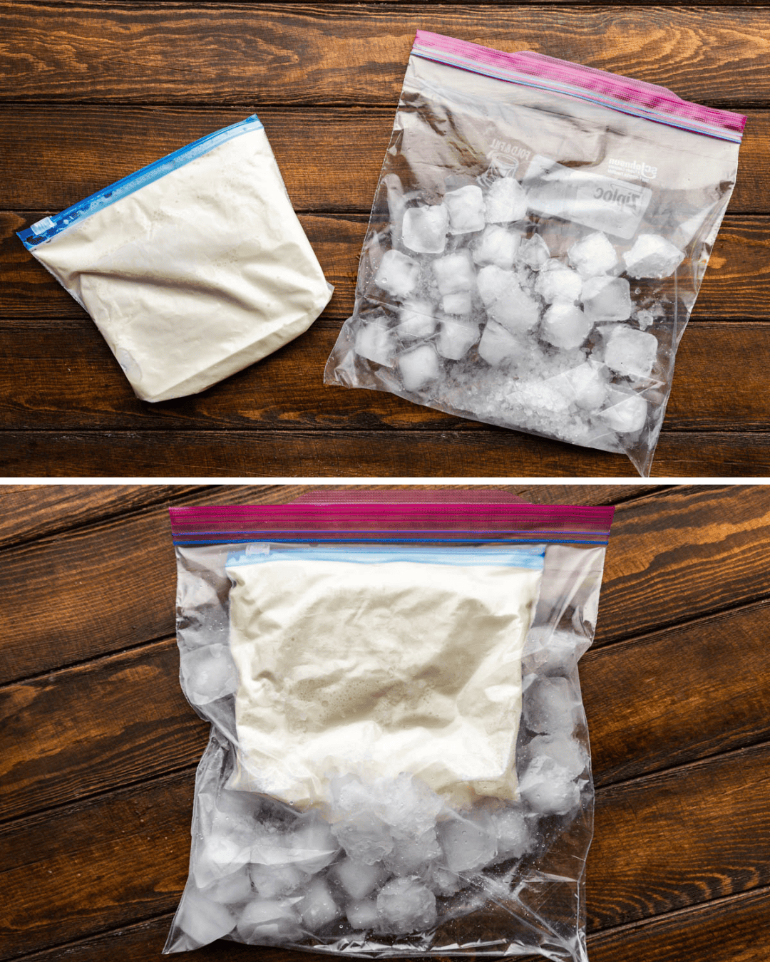 Photos of the process of making 5-minute ice cream showing the bag of ice cream inside the bag of ice.