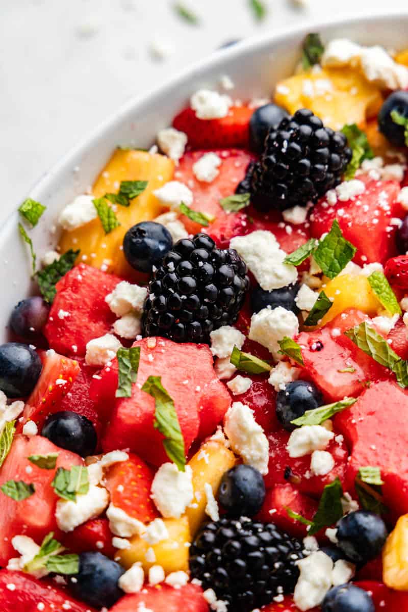 Close-up view of red, white and blue fruit salad. 