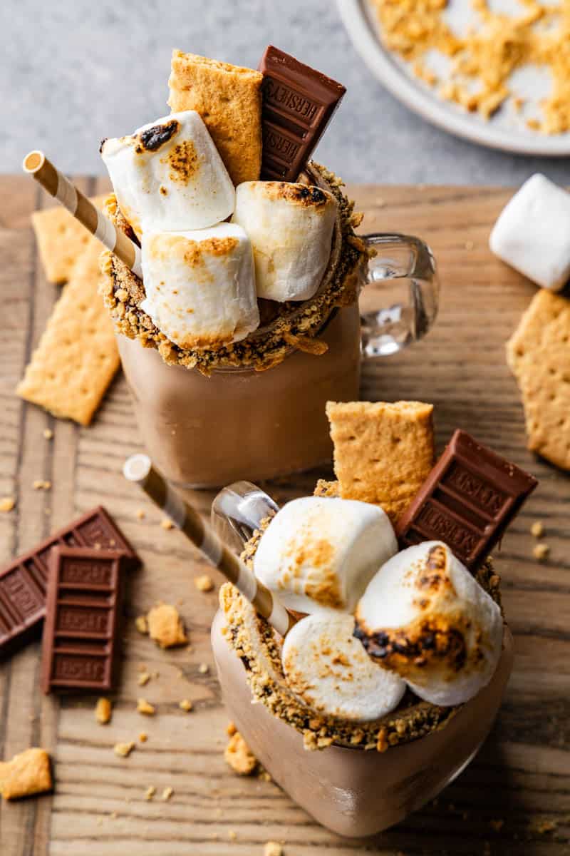 Delicious stores frappe topped with roasted marshmallows, chocolate, and graham crackers.
