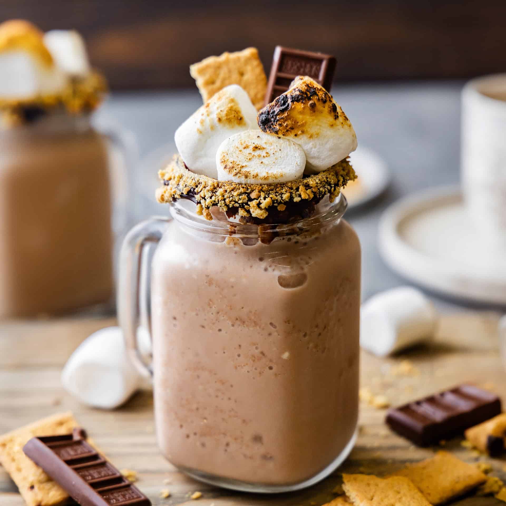 Delicious mug of Smores Frappe on a table.