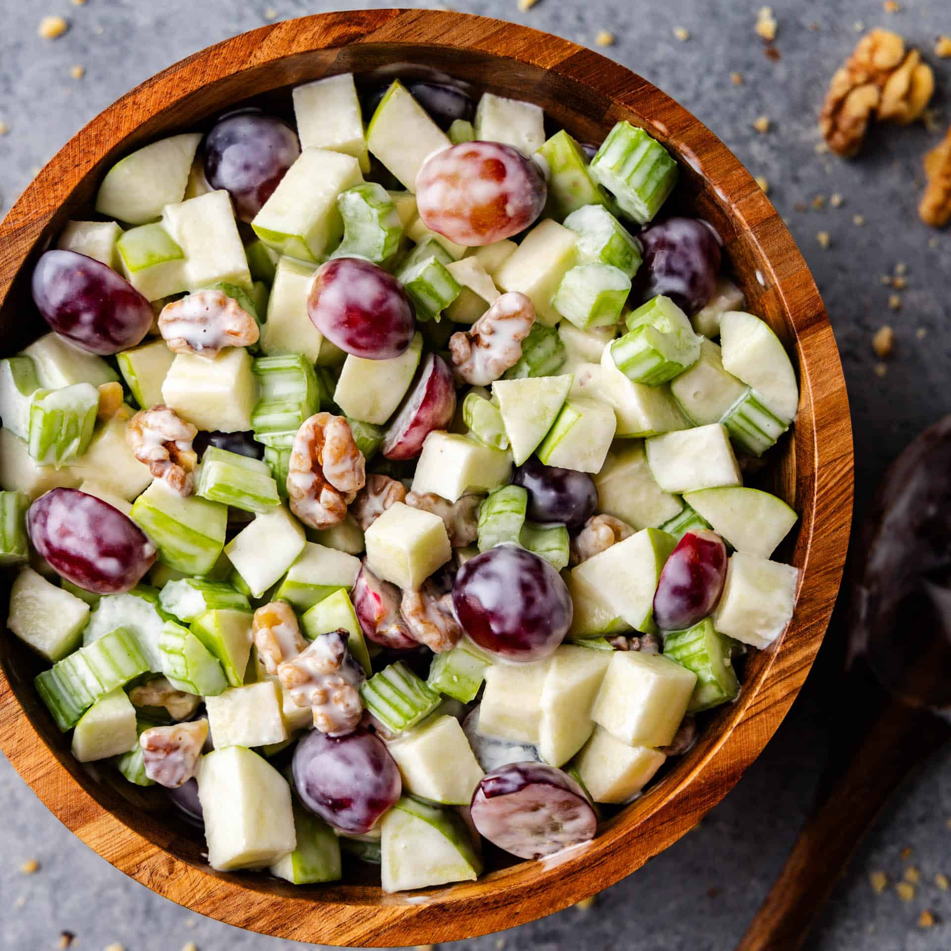 Waldorf Salad in a wooden bowl.