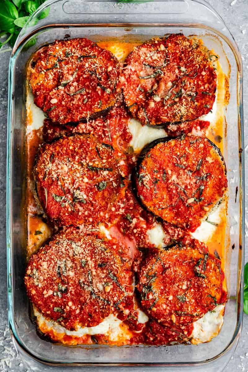 Overhead view of a pan of Baked Eggplant Parmesan.