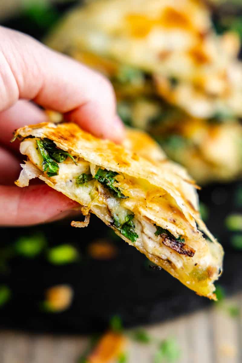 A close up view of a quesadilla stuffed with cheese, cilantro, and chicken.