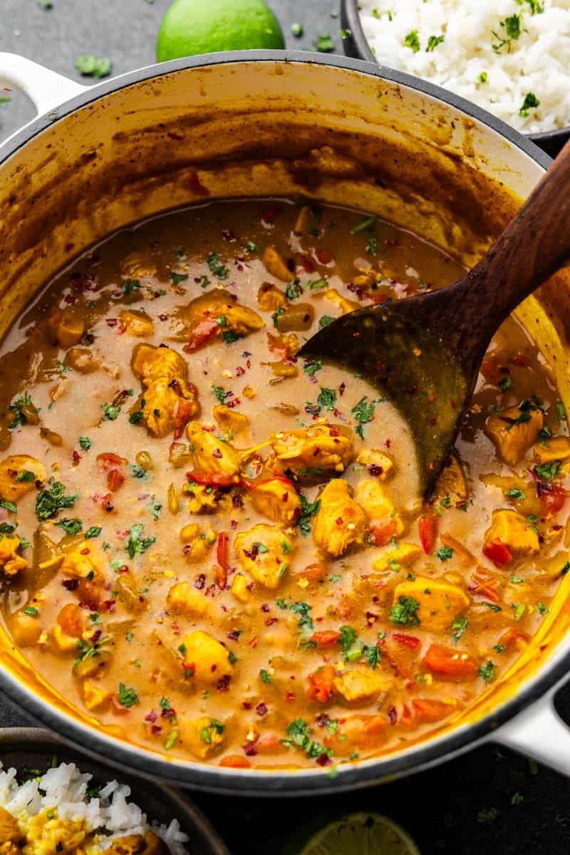 An overhead view looking into a pot of coconut chicken curry.