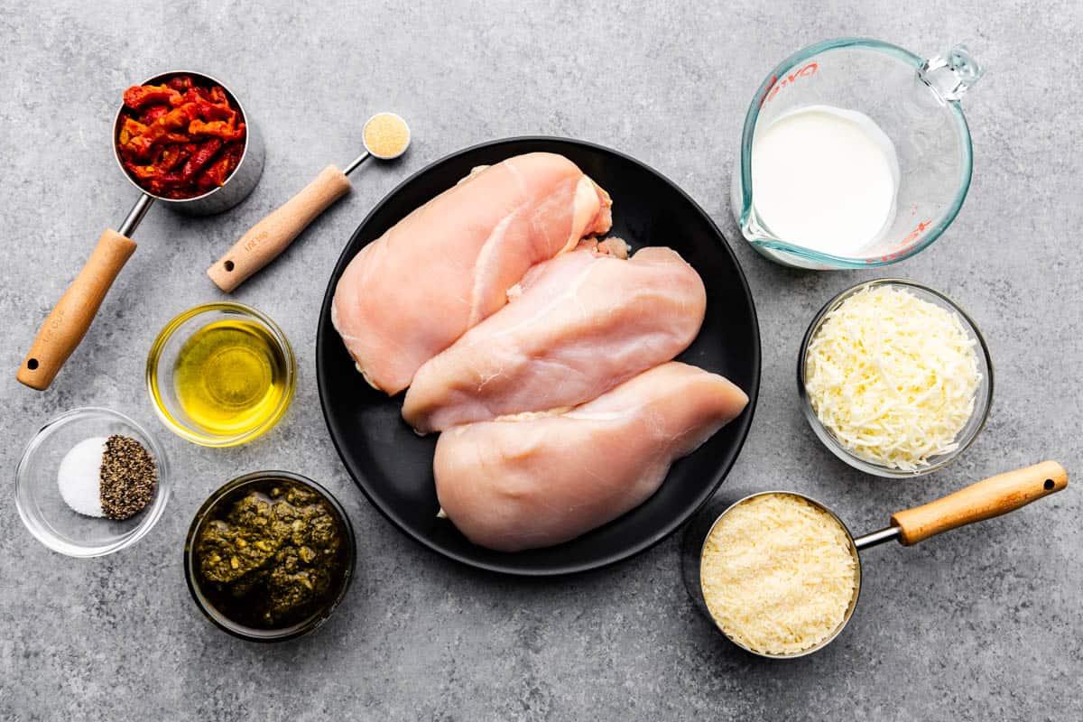 An overview of the ingredients needed to make Pesto Chicken Roll Ups.