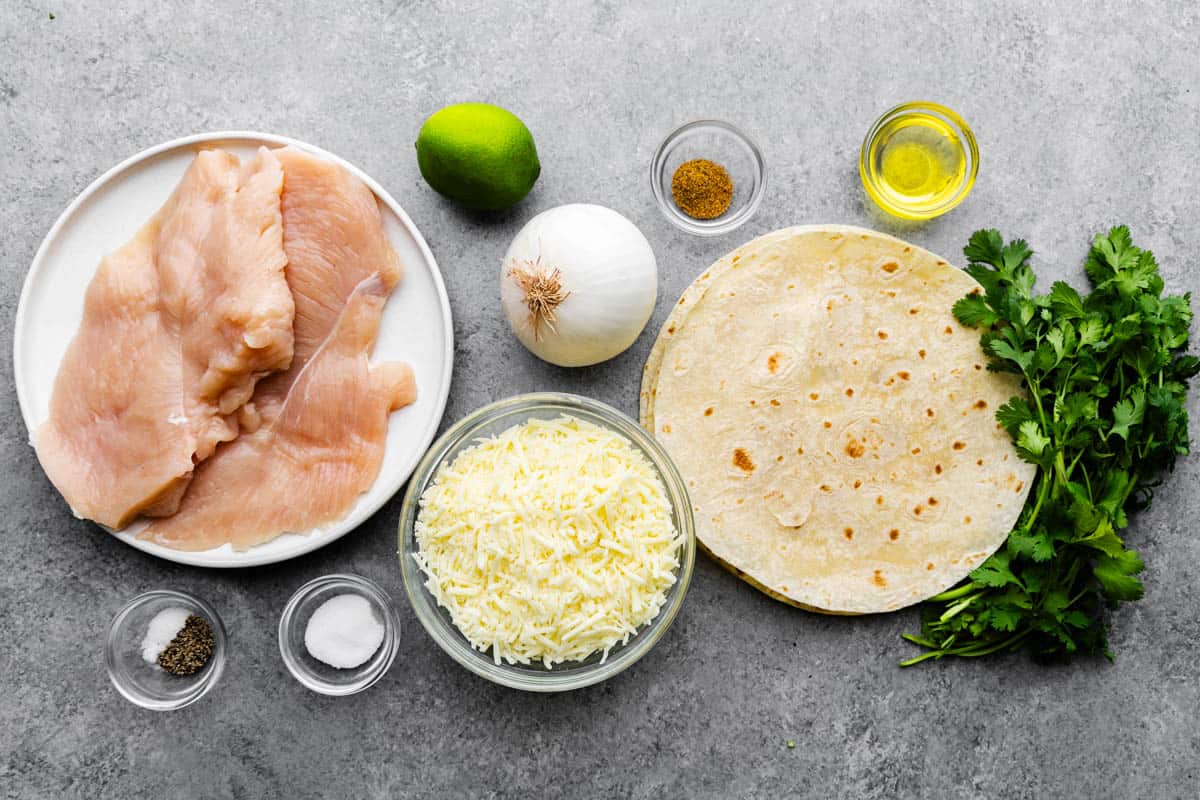 An overhead view of the ingredients needed to make Cilantro-Lime Chicken Quesadillas.