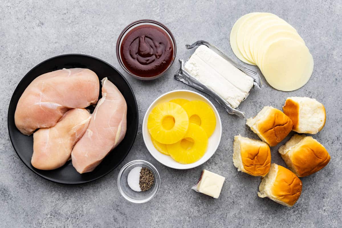 An overhead view of the ingredients needed to make cream cheese chicken sliders.
