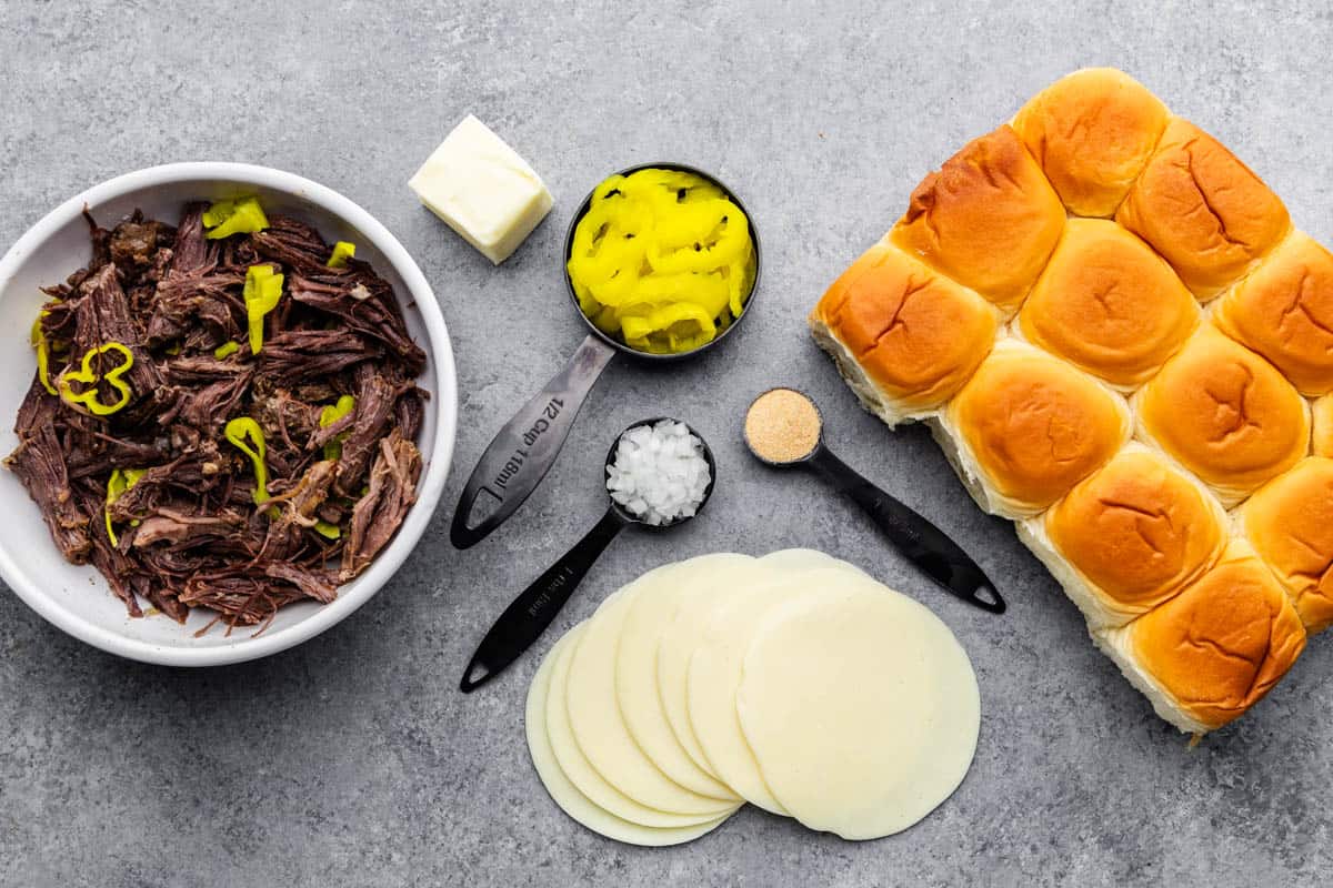 An overhead view of the ingredients needed to make Mississippi Pot Roast Sliders.