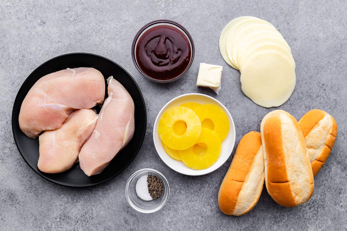 An overhead view of the ingredients needed to make slow cooker Hawaiian Barbecue Chicken.