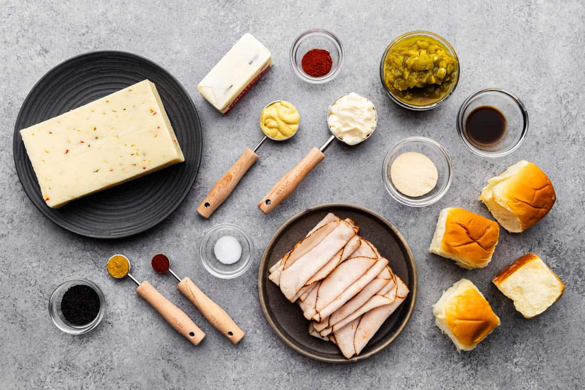 An overhead view of the ingredients needed to make southwest turkey sliders.