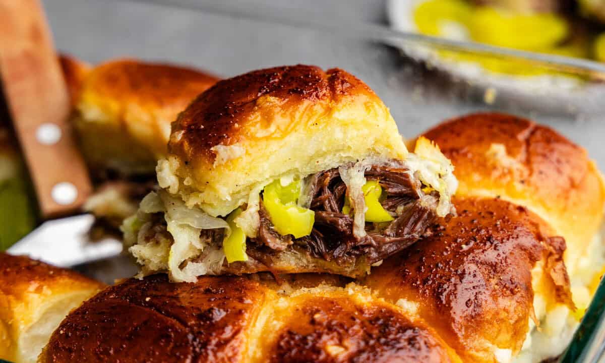 A pan of Mississippi Pot Roast Sliders.