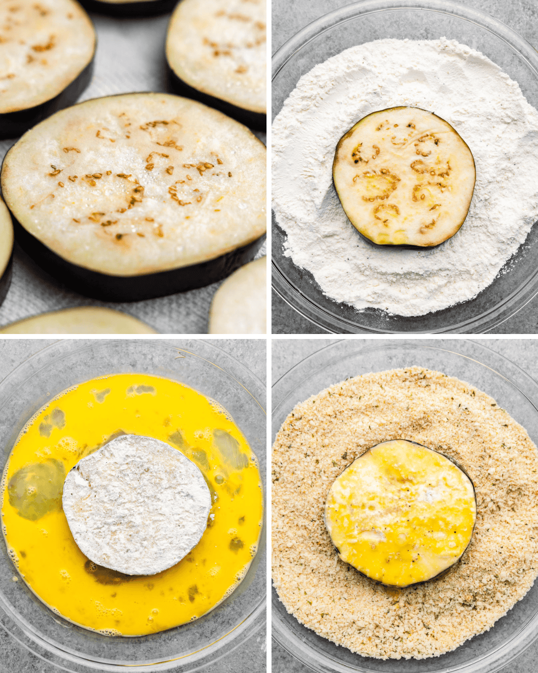 A collage of images showing how to bread eggplant slices to make eggplant parmesan.