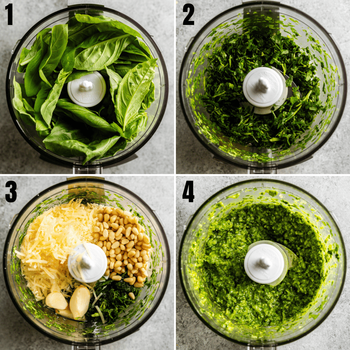Process shots of the different steps of making simple basil pesto.