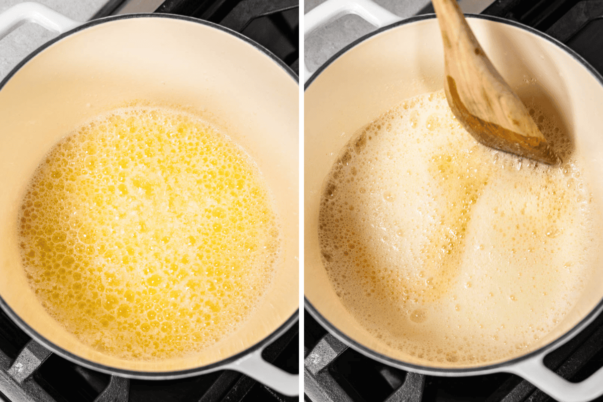 Side by side images of a saucepan with yellow melted butter, and another image with a saucepan with the melted butter foaming.