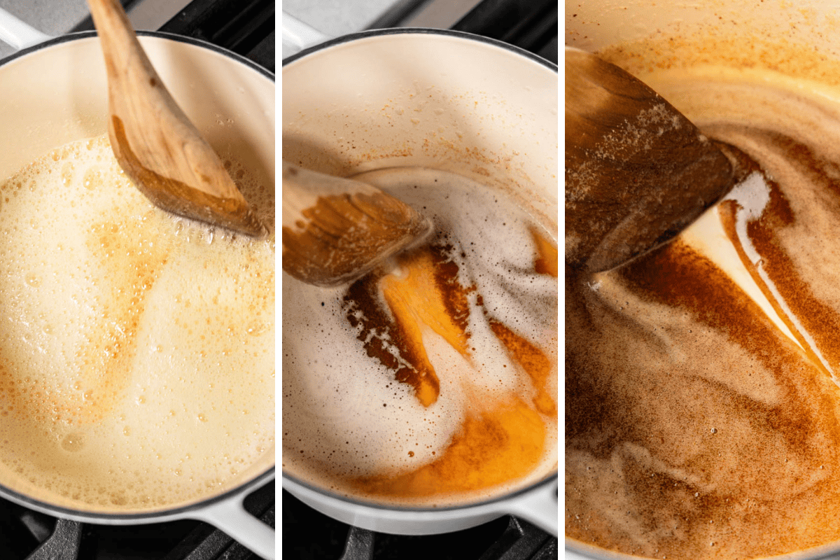 Three pictures side by side, showing the progression from melted butter to browned butter.