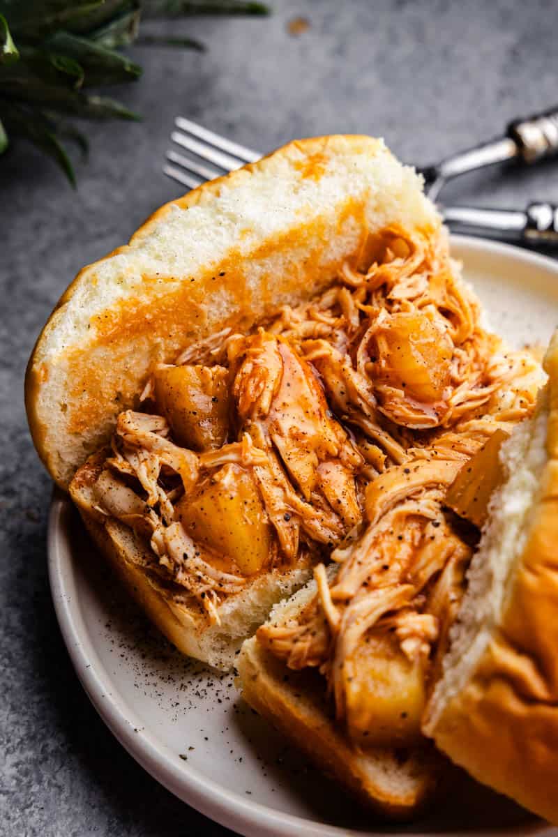 A hoagie roll filled with juicy Hawaiian BBQ shredded chicken and pineapple.