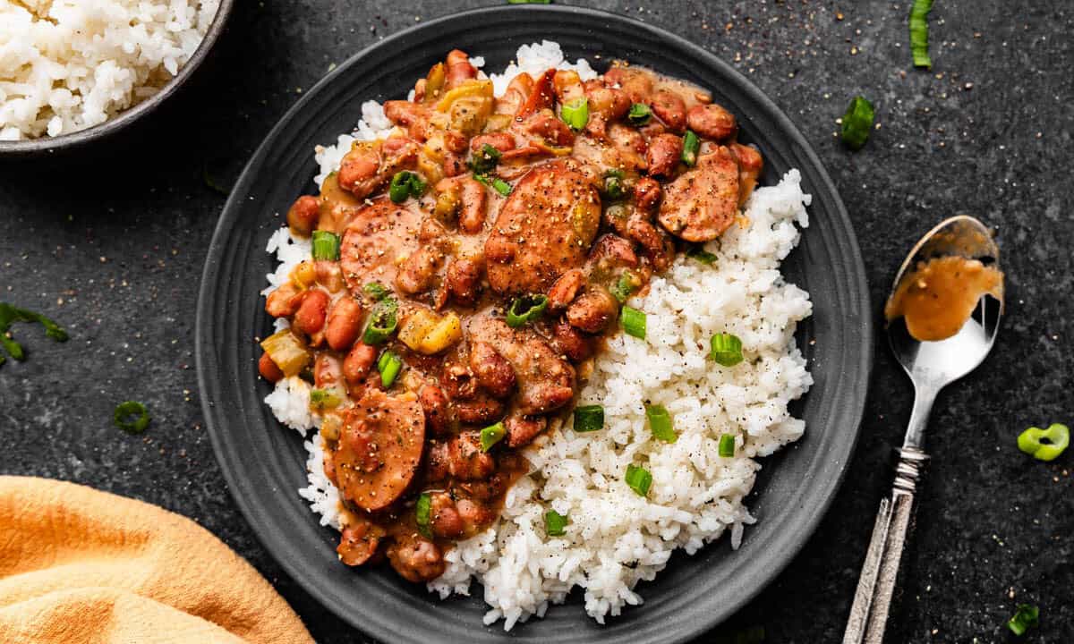 An overhead view of a bowl of red beans and rice.