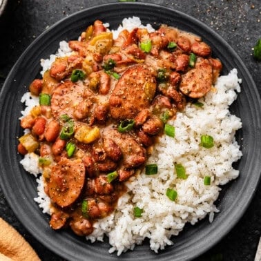 An overhead view of a bowl of red beans and rice.