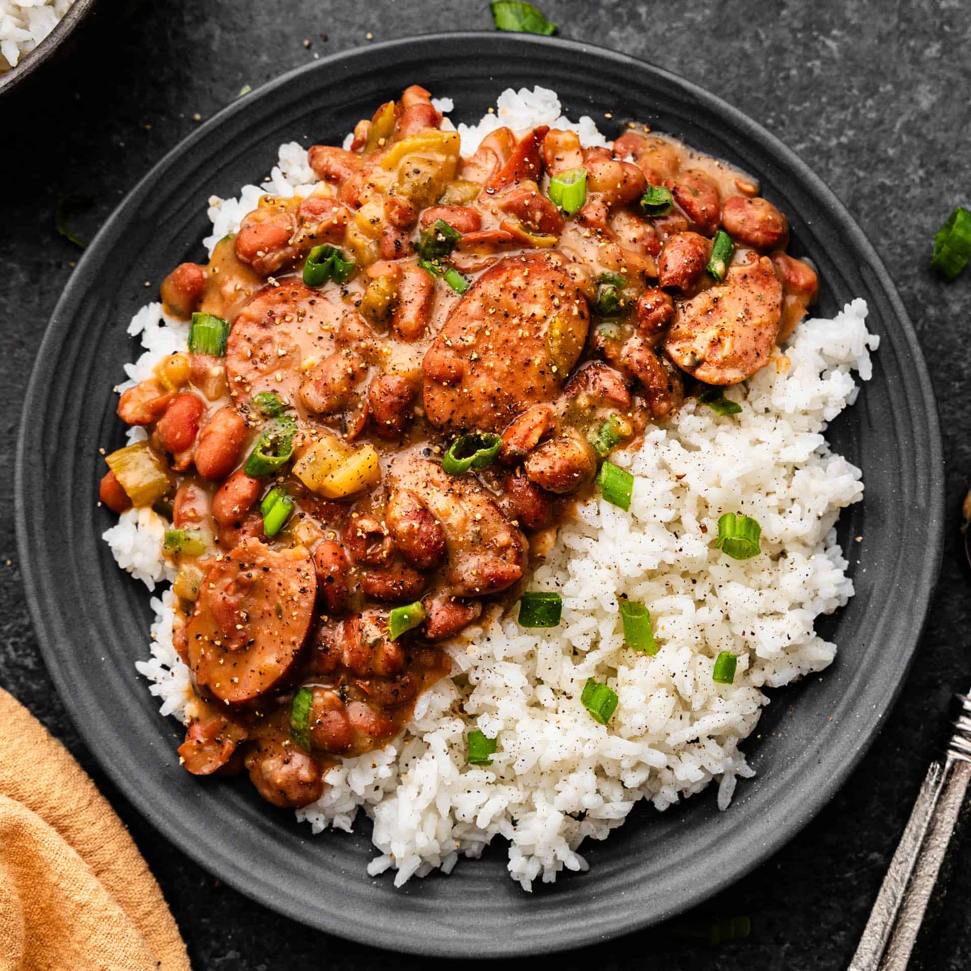 An overhead view of a bowl of red beans and rice.