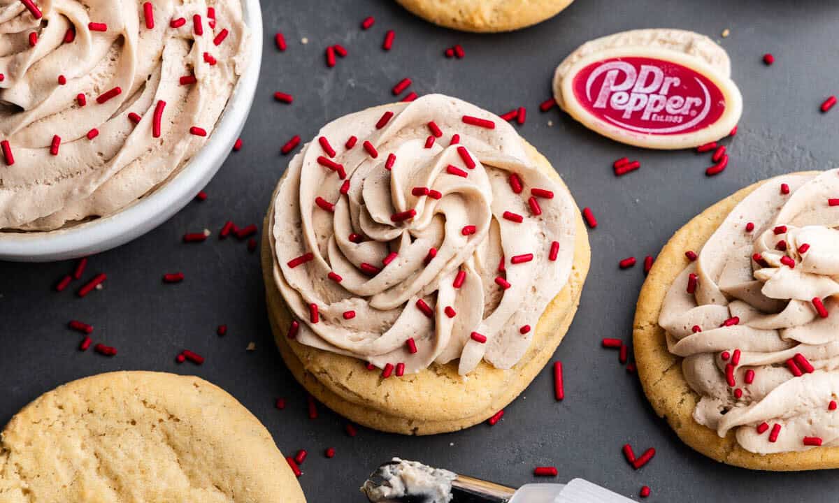 An overhead view of a Dr. Pepper frosted cookie.