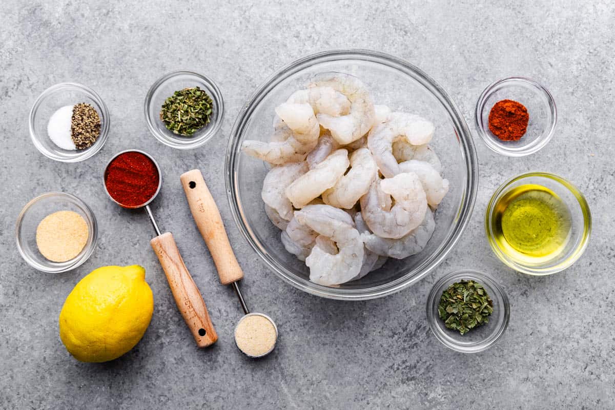 An overhead view of the ingredients needed to make easy grilled shrimp.