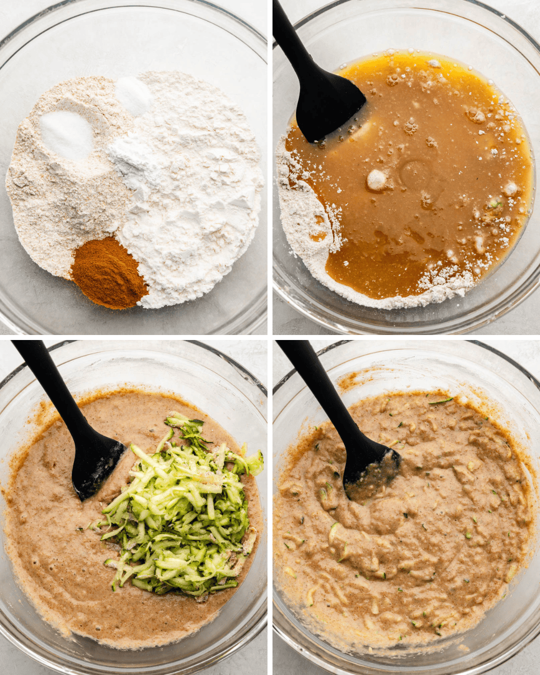 A collage of 4 pictures showing a bowl of dry ingredients, then adding wet to the dry, then adding shredded zucchini, then the final batter.