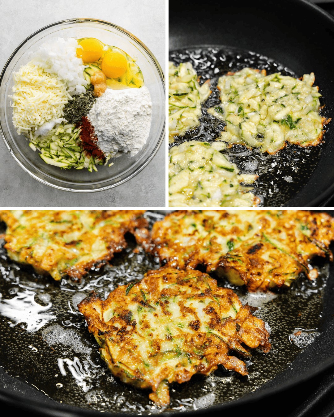 A collage with a picture of all the ingredients in a glass mixing bowl, raw zucchini batter in a skillet, and a final picture of brown and crispy zucchini pancakes.