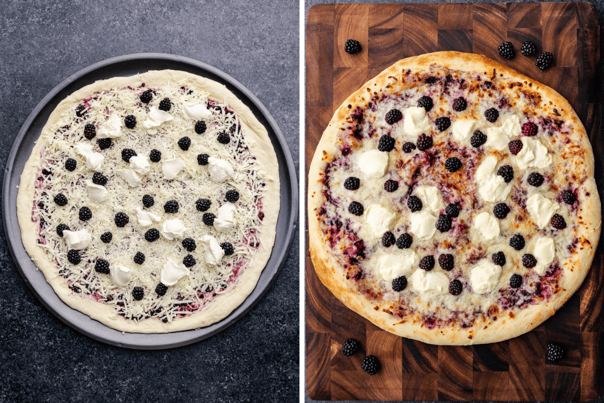 A side by side collage of the prepped unbaked pizza and a finished baked pizza.