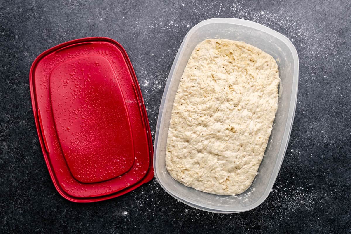 An overhead view of a large 6-qart food storage container with refrigerator pizza dough in it.