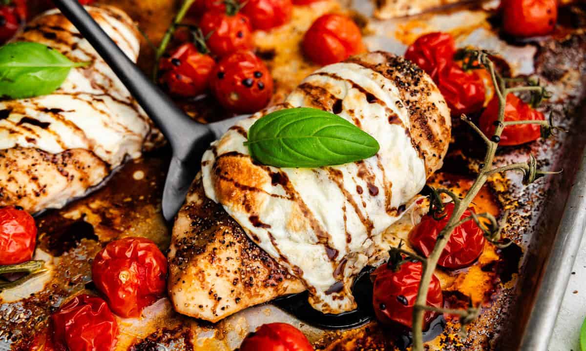 A spatula lifting up a serving of chicken caprese straight from the sheet pan it was baked on underneath.