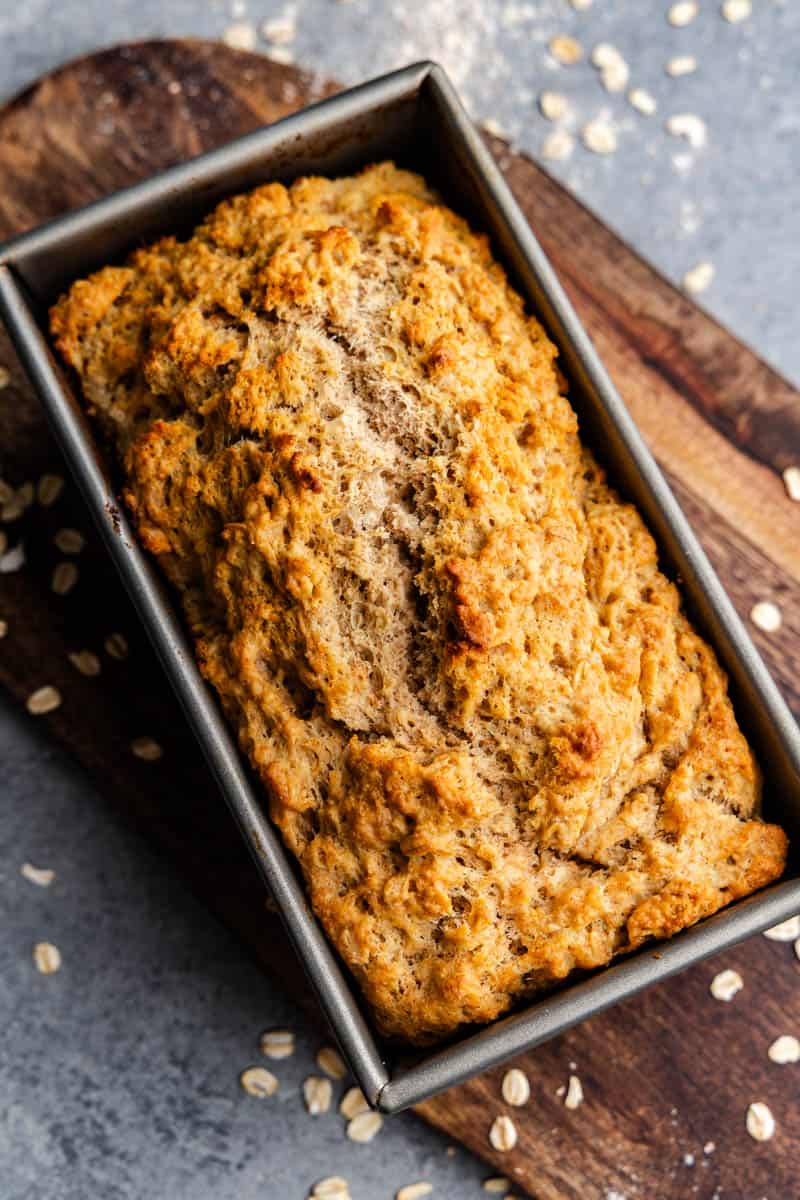 Overhead view of a loaf of beer bread still in the pan.