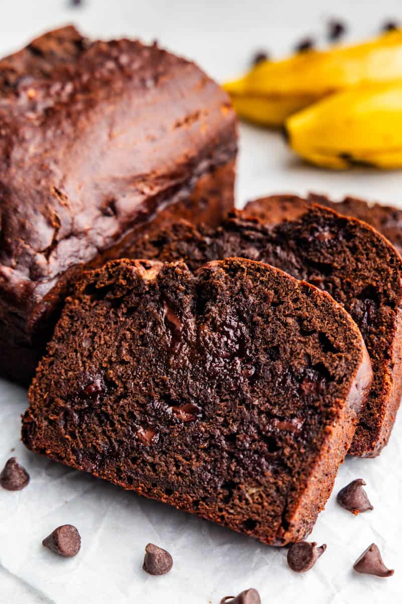 A close up of slices of chocolate banana bread.