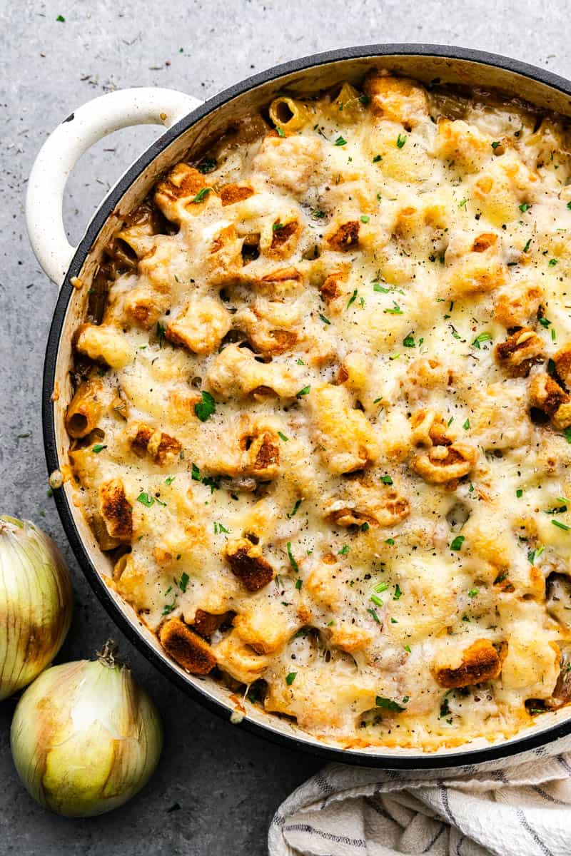 Overhead close up view of a pot of French Onion Pasta Casserole.