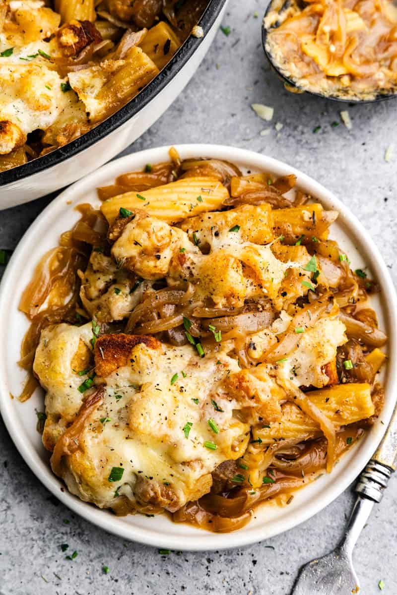 Overhead view of a plate of French Onion Pasta Casserole.