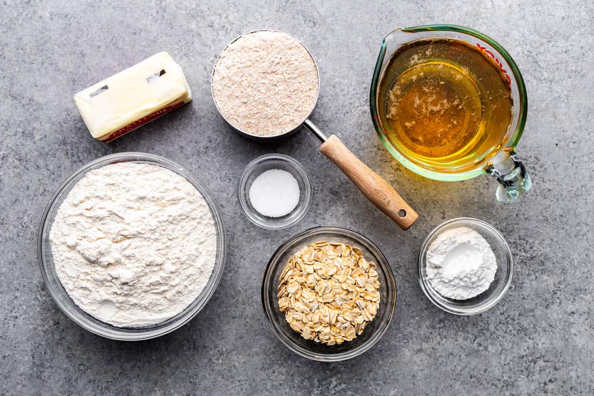 An overhead view of the ingredients needed to make 45-minute beer bread.