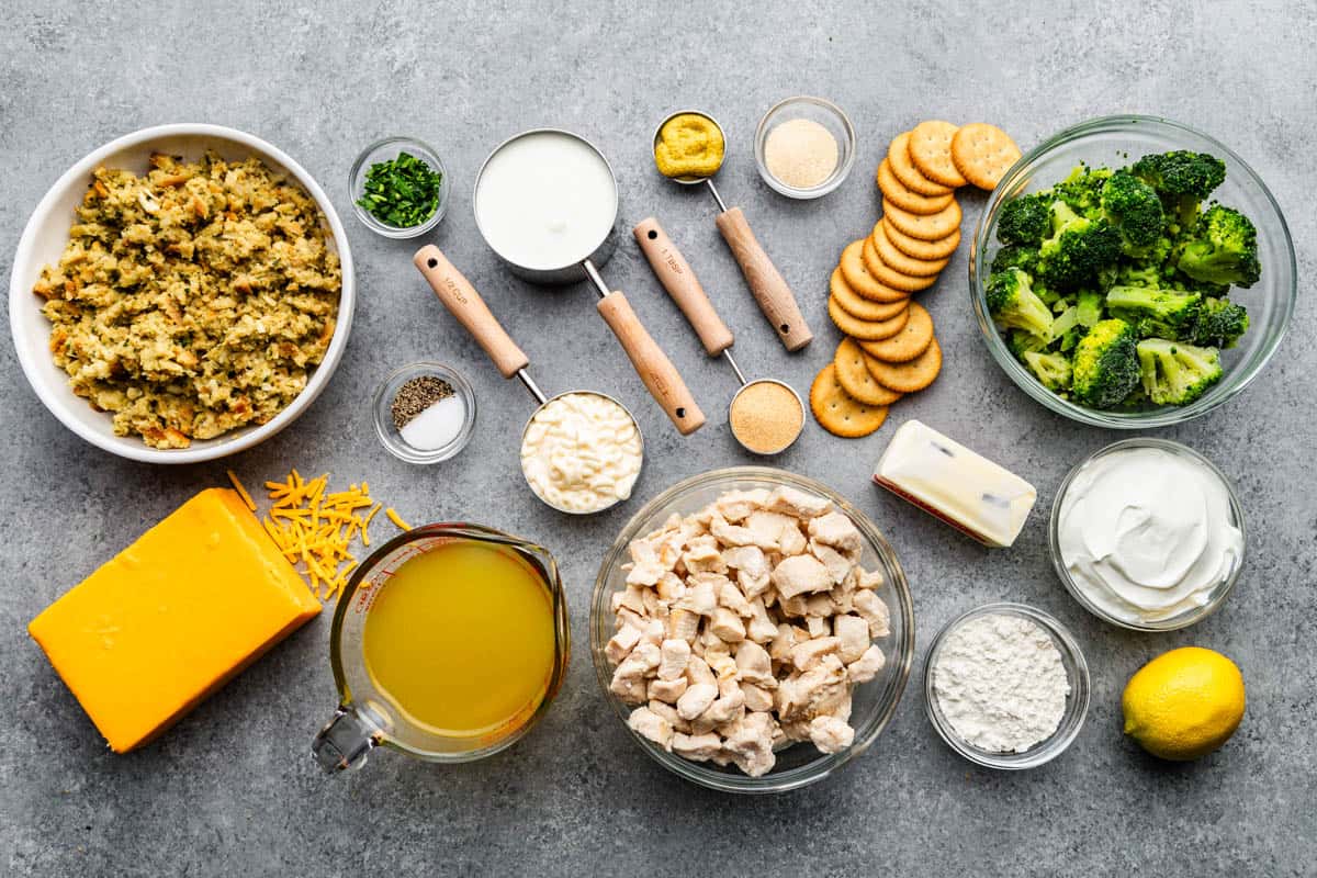 An overhead view of the ingredients needed to make chicken divan.