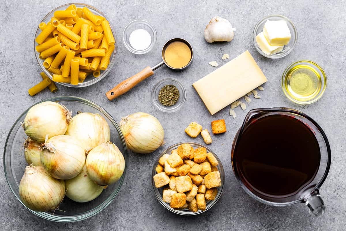 An overhead view of the ingredients needed to make French Onion Pasta Casserole.