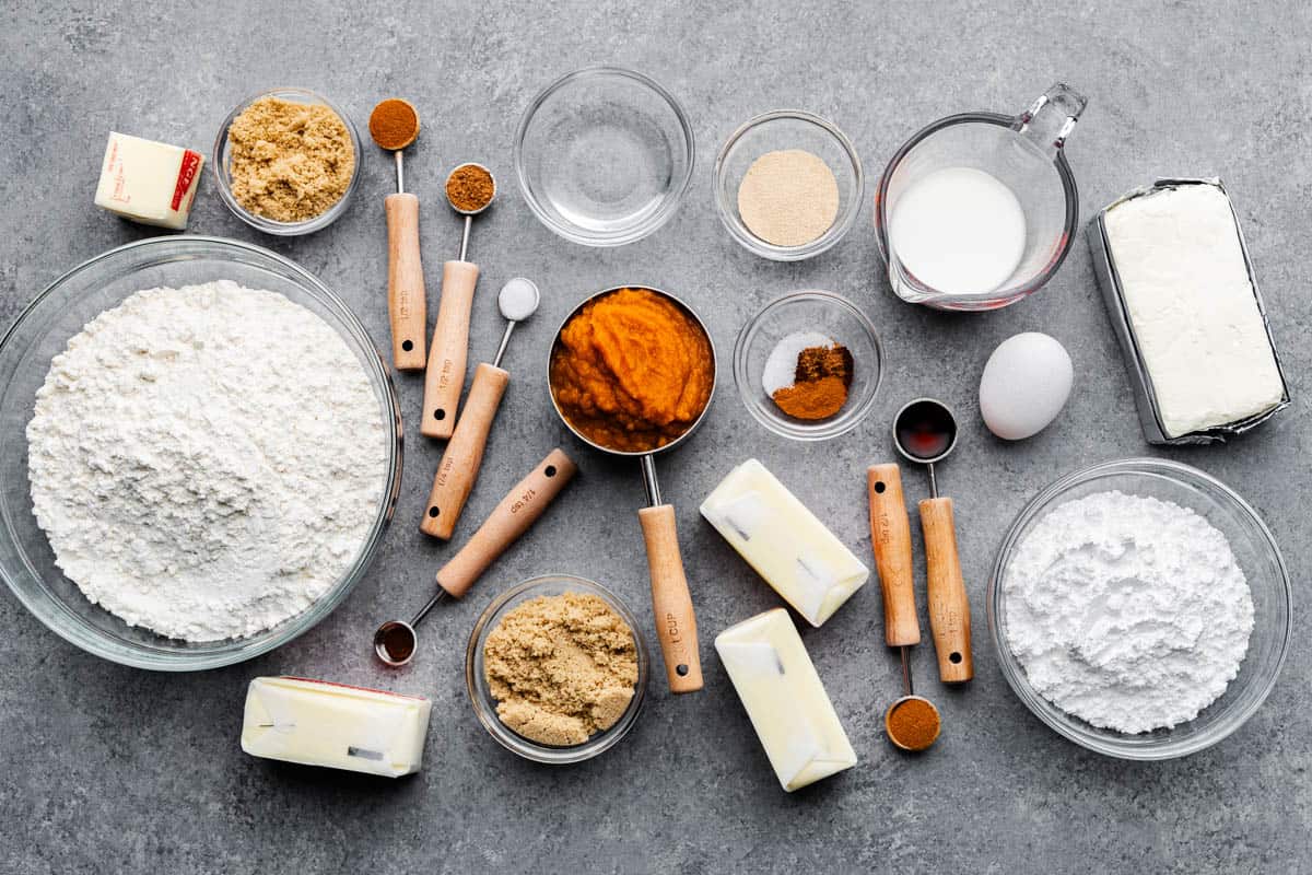 Wet and dry ingredients are measured to separate the pumpkin monkey bread.