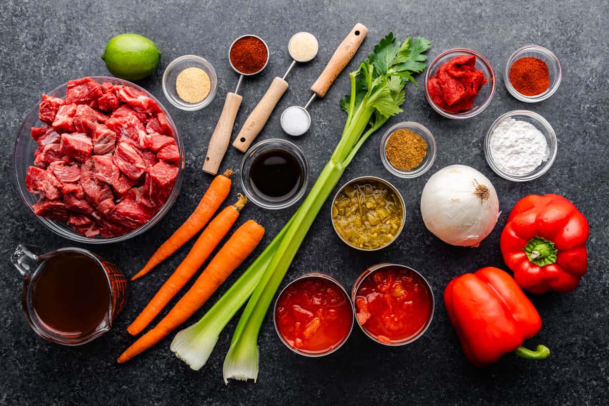 An overhead view of the ingredients needed to make the Slow Cooker Texas Beef Chili.