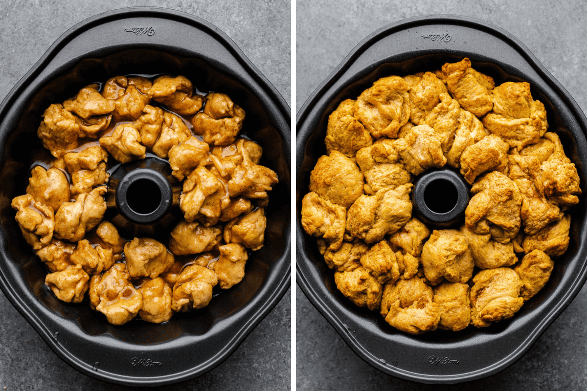 A side by side image of monkey bread in a bundt pan.