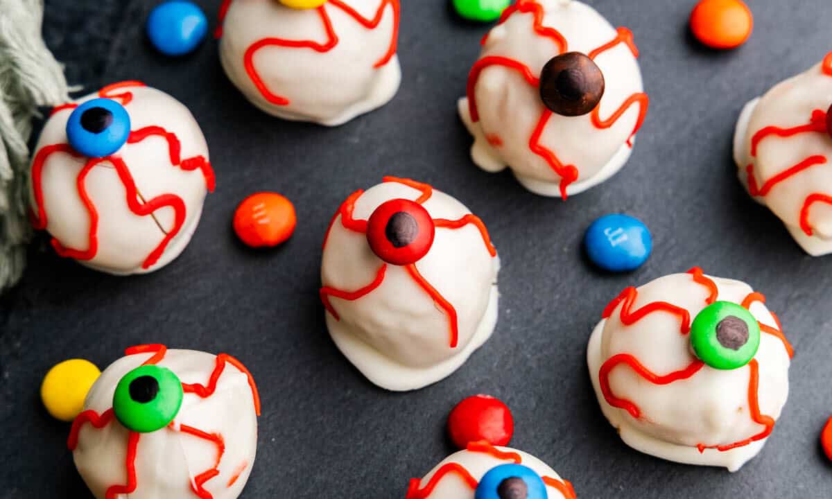 An overhead view of pumpkin truffle eyeballs.