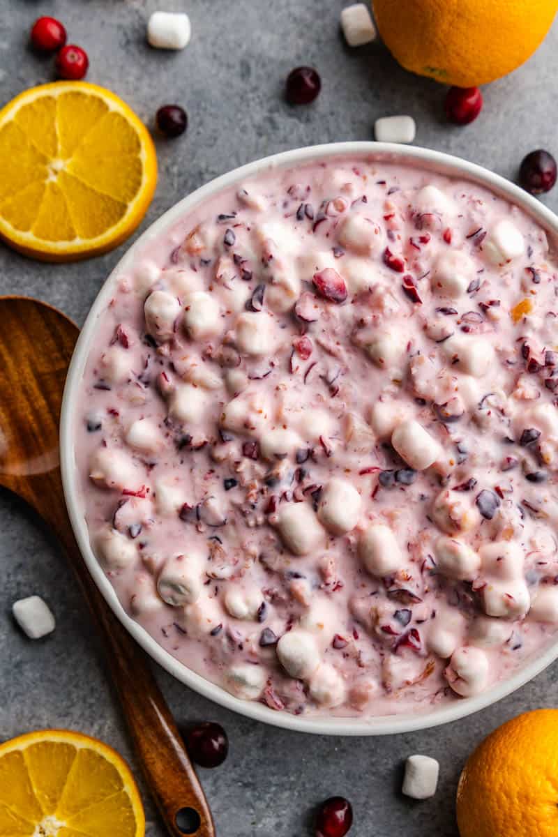 top view of large bowl of cranberry fluff