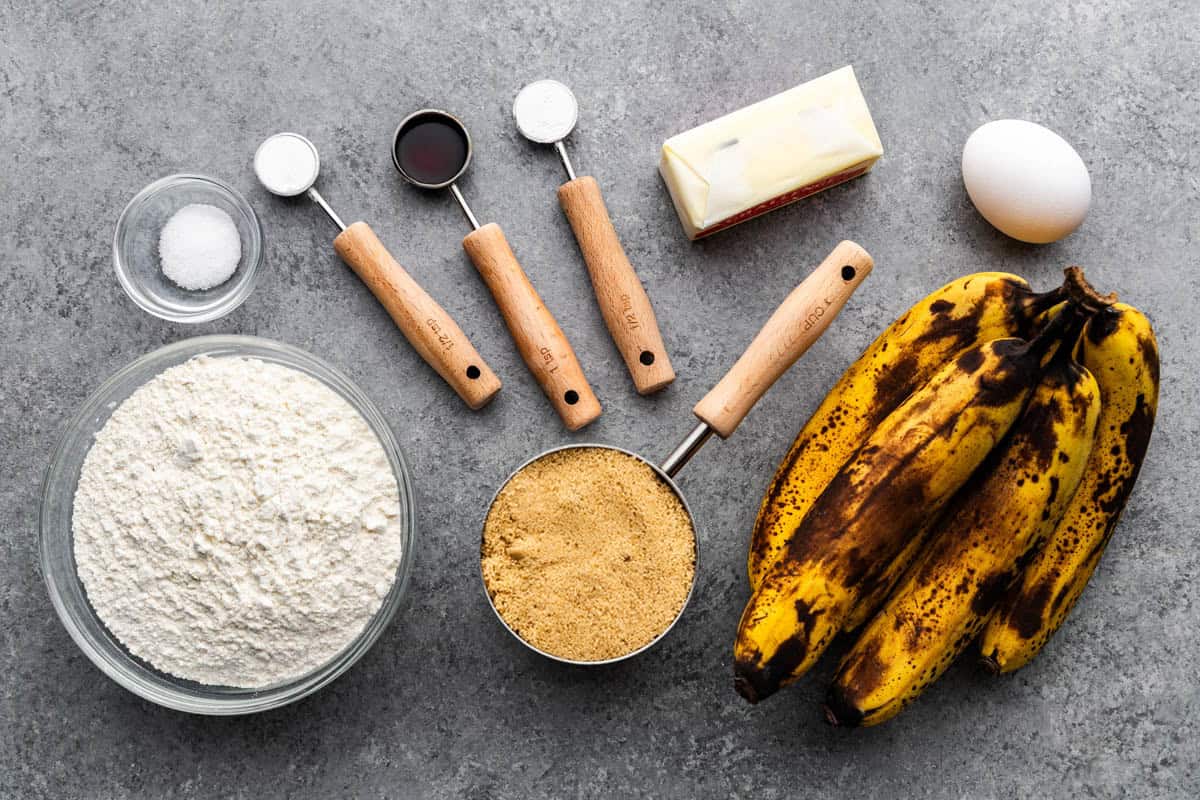 An overhead view of the ingredients needed to make banana bread.