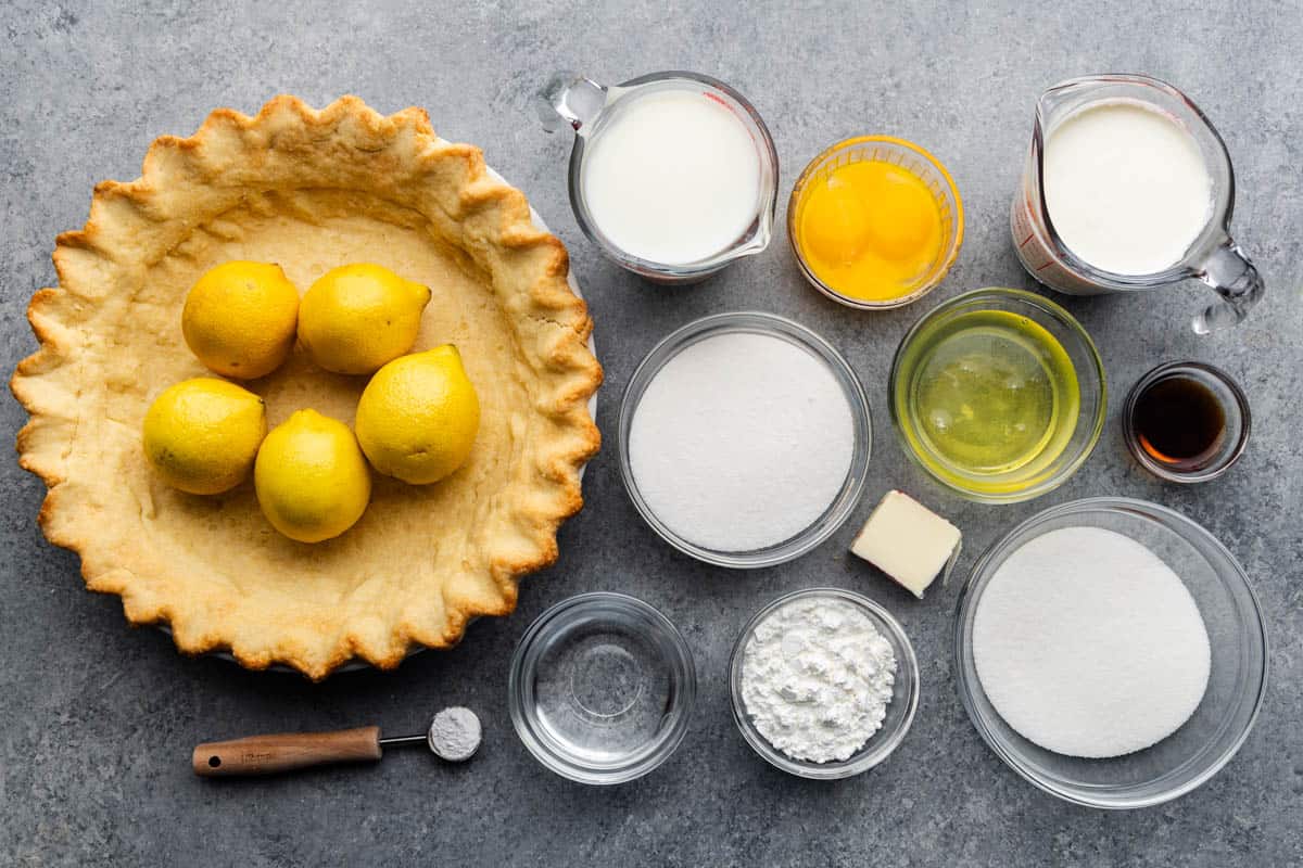 lemon meringue pie ingredients on kitchen counter