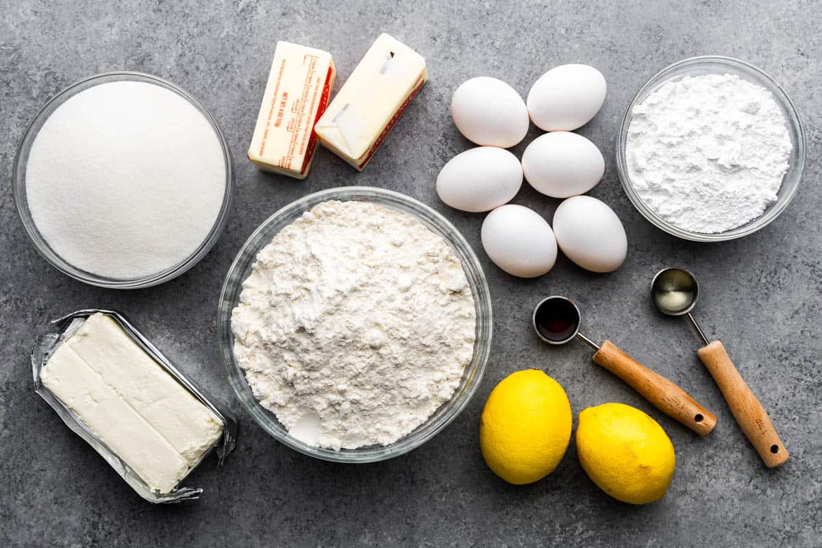 An overhead shot of ingredients being measured out to make an old fashioned lemon pound cake.